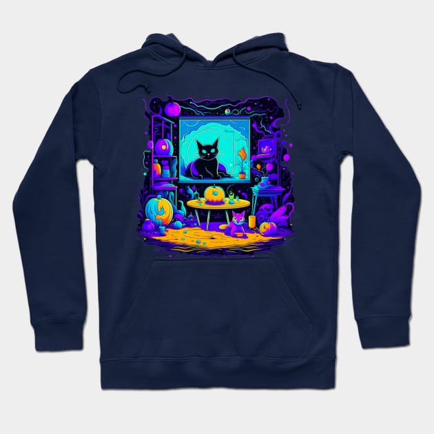 Abstract Psychedelic Halloween Home Decor Room With Kitties, Black Cat Hoodie by vystudio